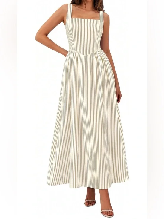Neutral Beige Striped Maxi Dress - Picture 1 of 2